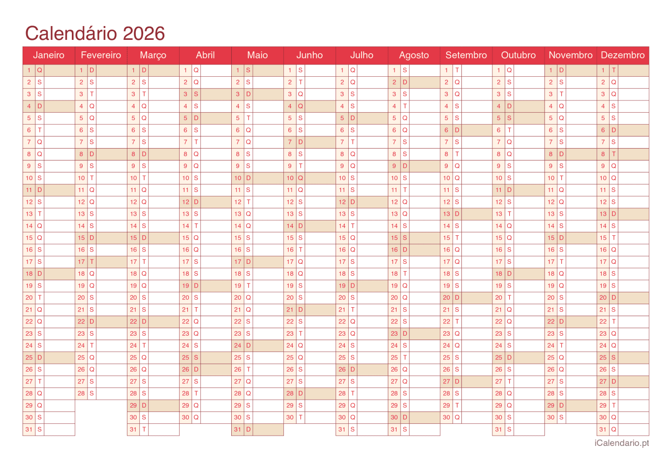 Calendário 2026 - Cherry