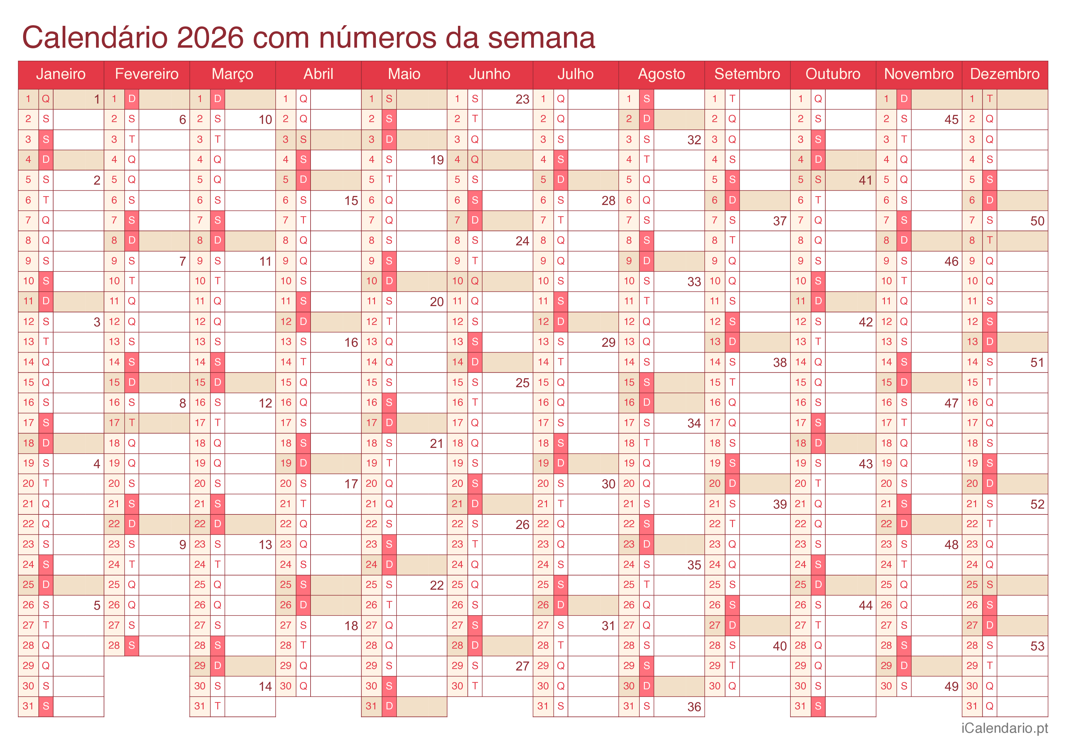 Calend rio 2026 Para Imprimir PDF E Excel