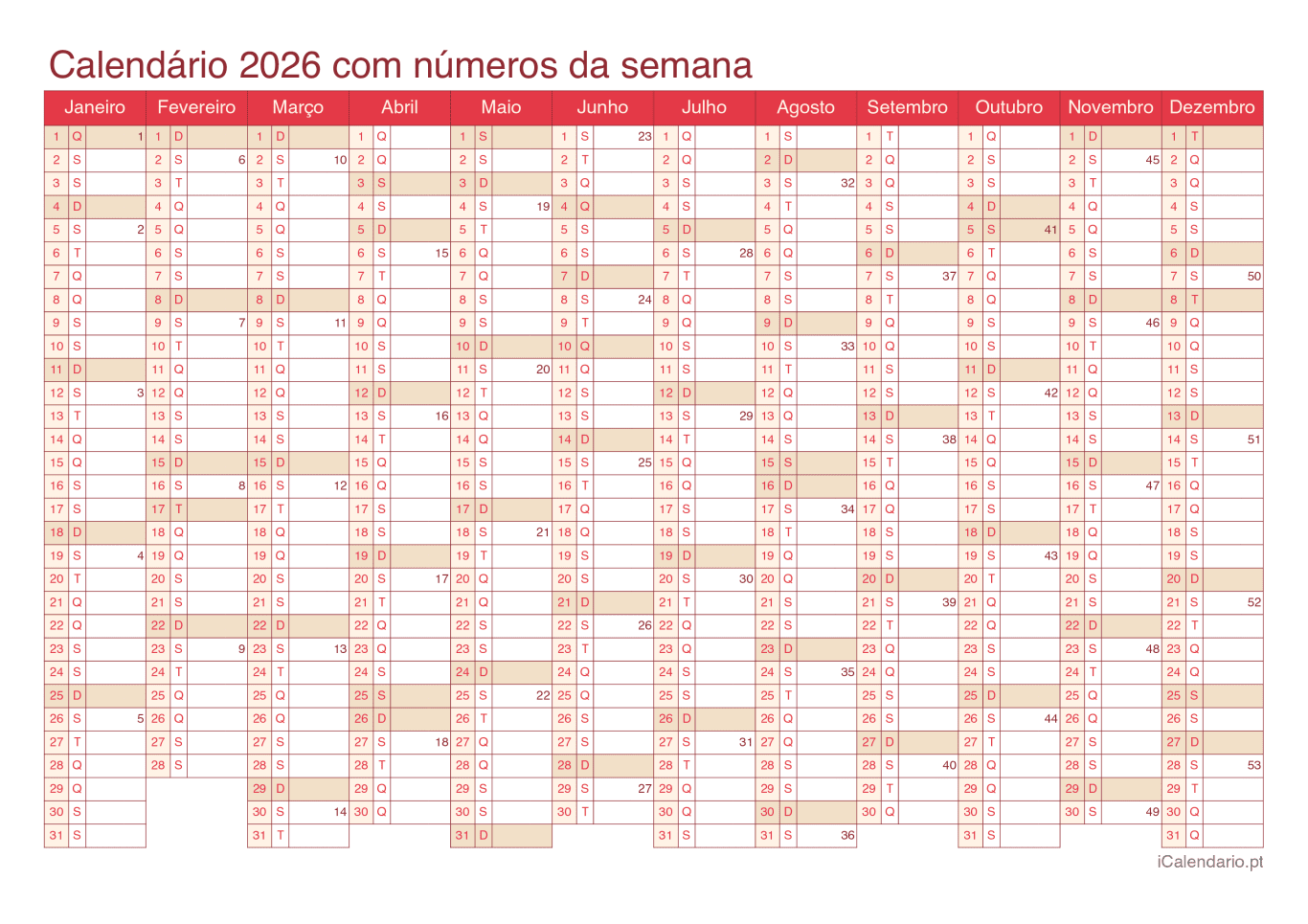 Calendário 2026 com números da semana - Cherry