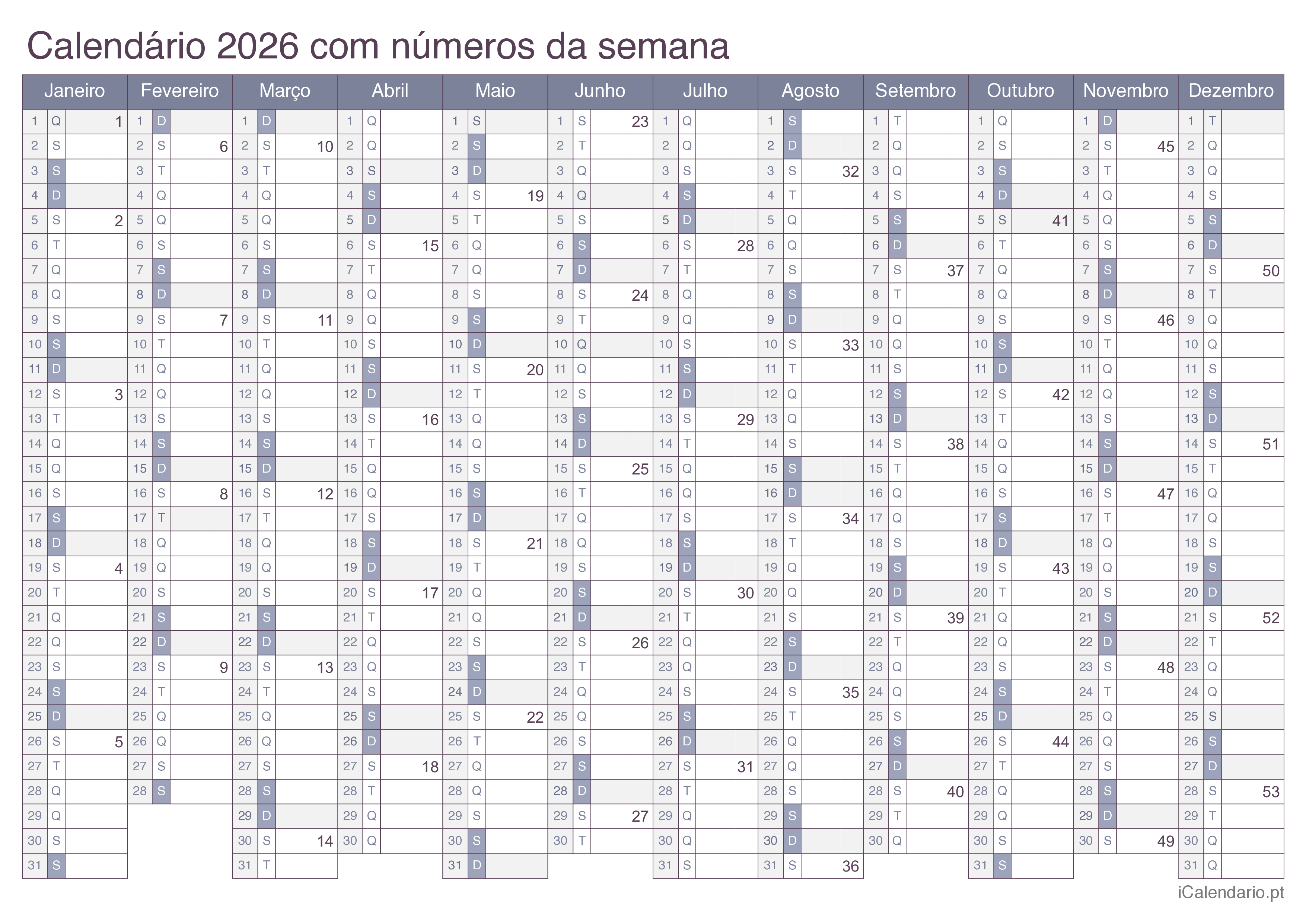 Calend rio 2026 Para Imprimir PDF E Excel