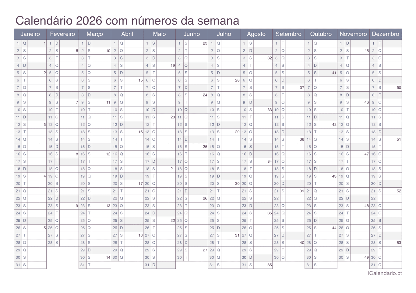 Calendário 2026 com números da semana - Office