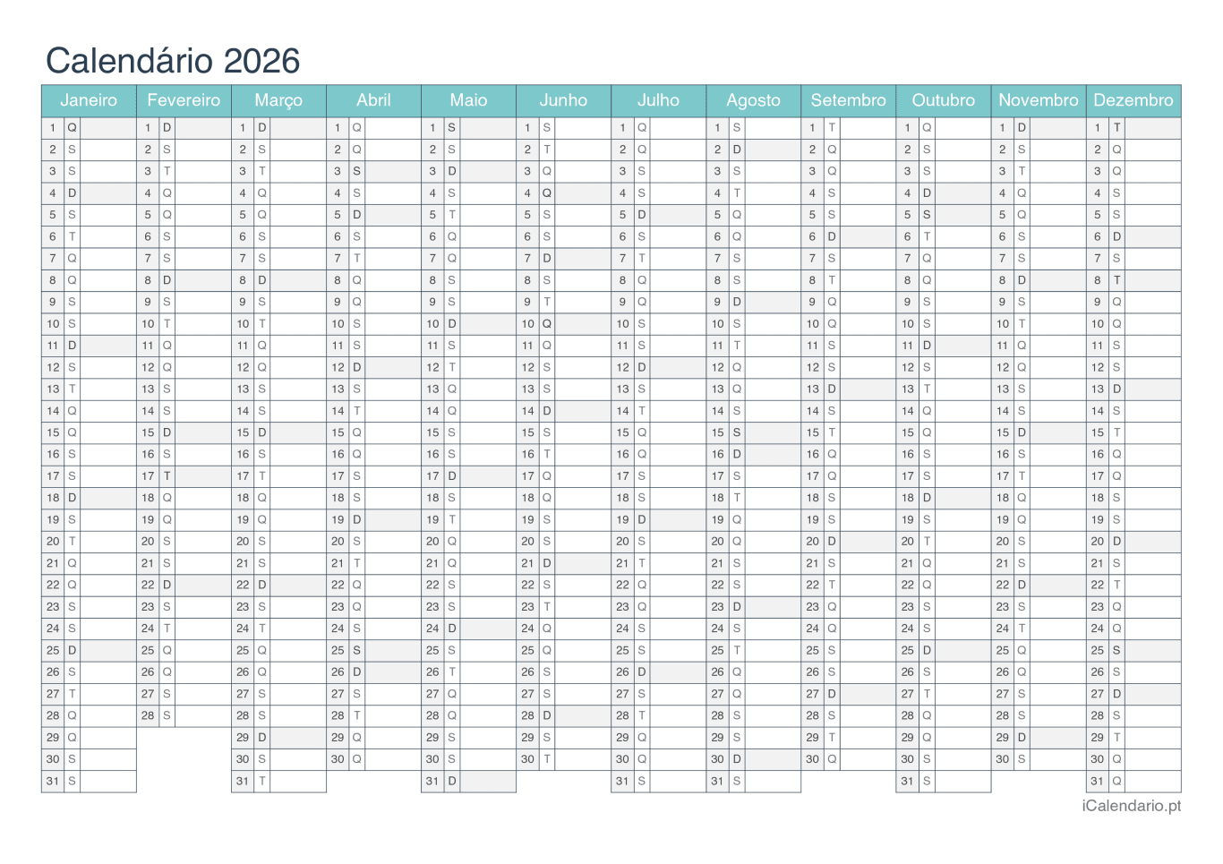 Calendário 2026 - Turquesa