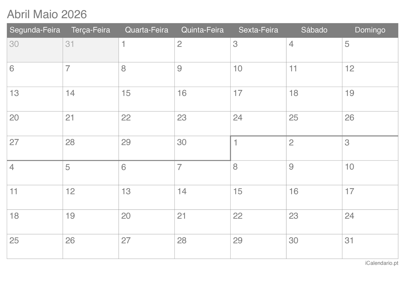 Calendário de abril maio 2026