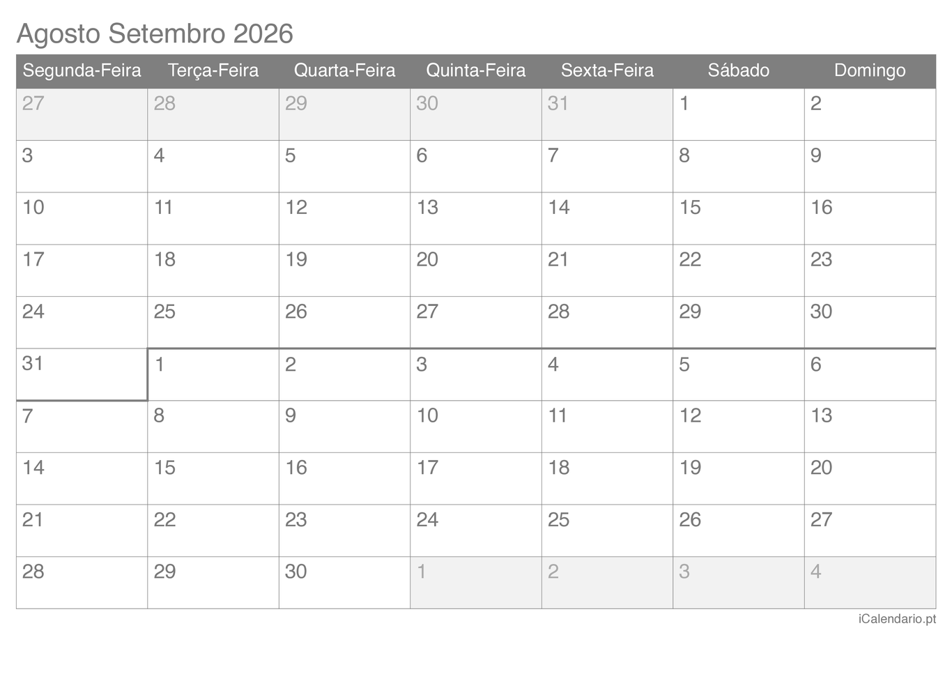 Calendário de agosto setembro 2026