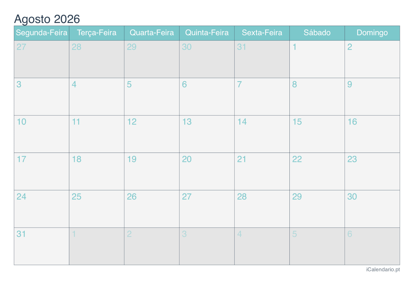 Calendário d'agosto 2026 - Turquesa