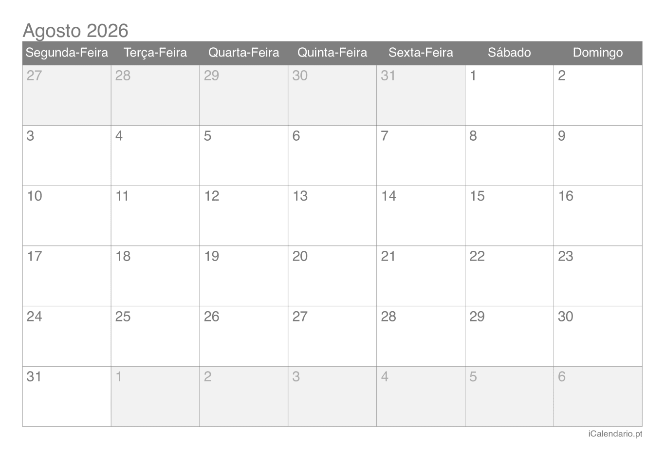 Calendário d'agosto 2026