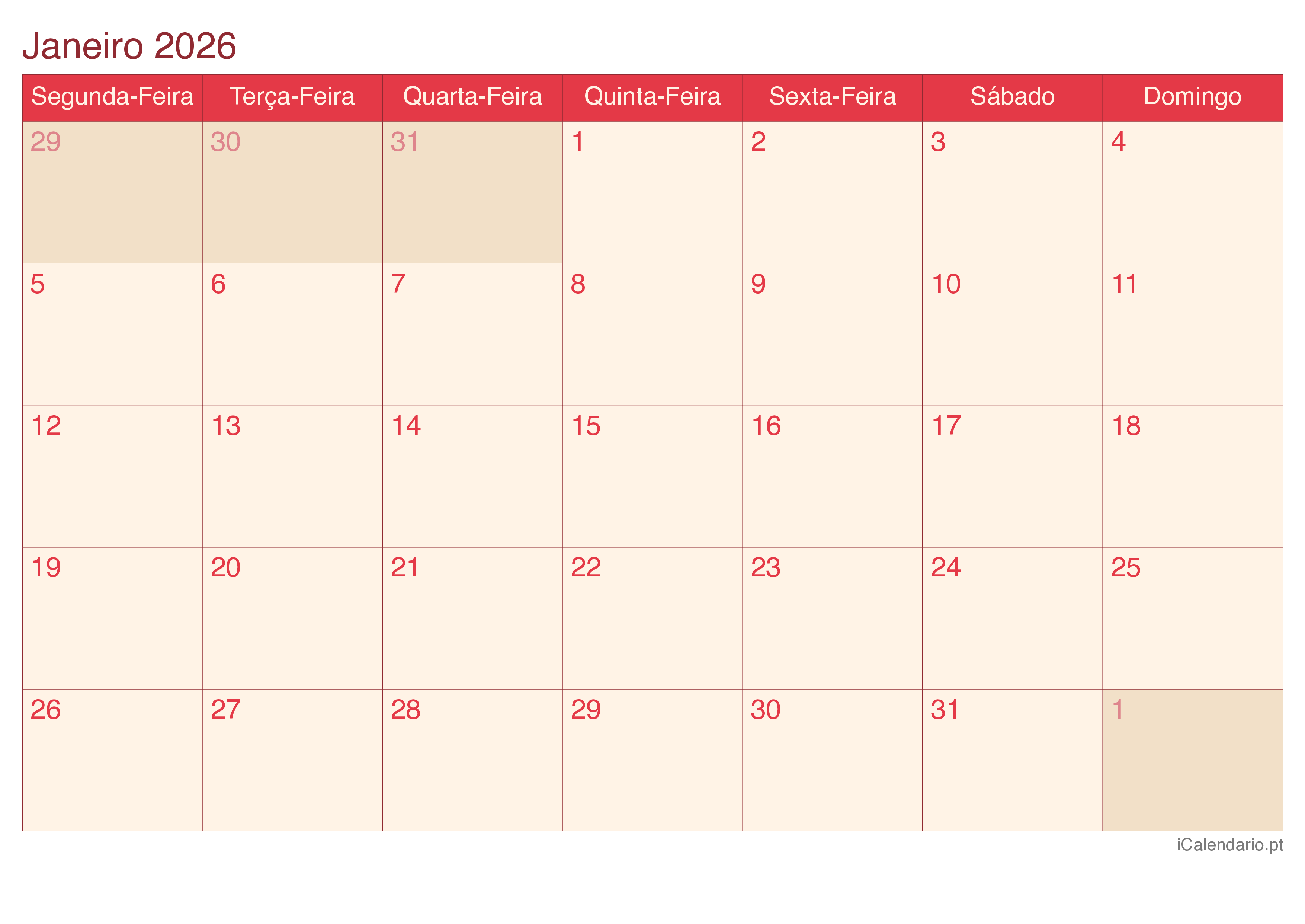 Calendário por mês 2026 - Cherry