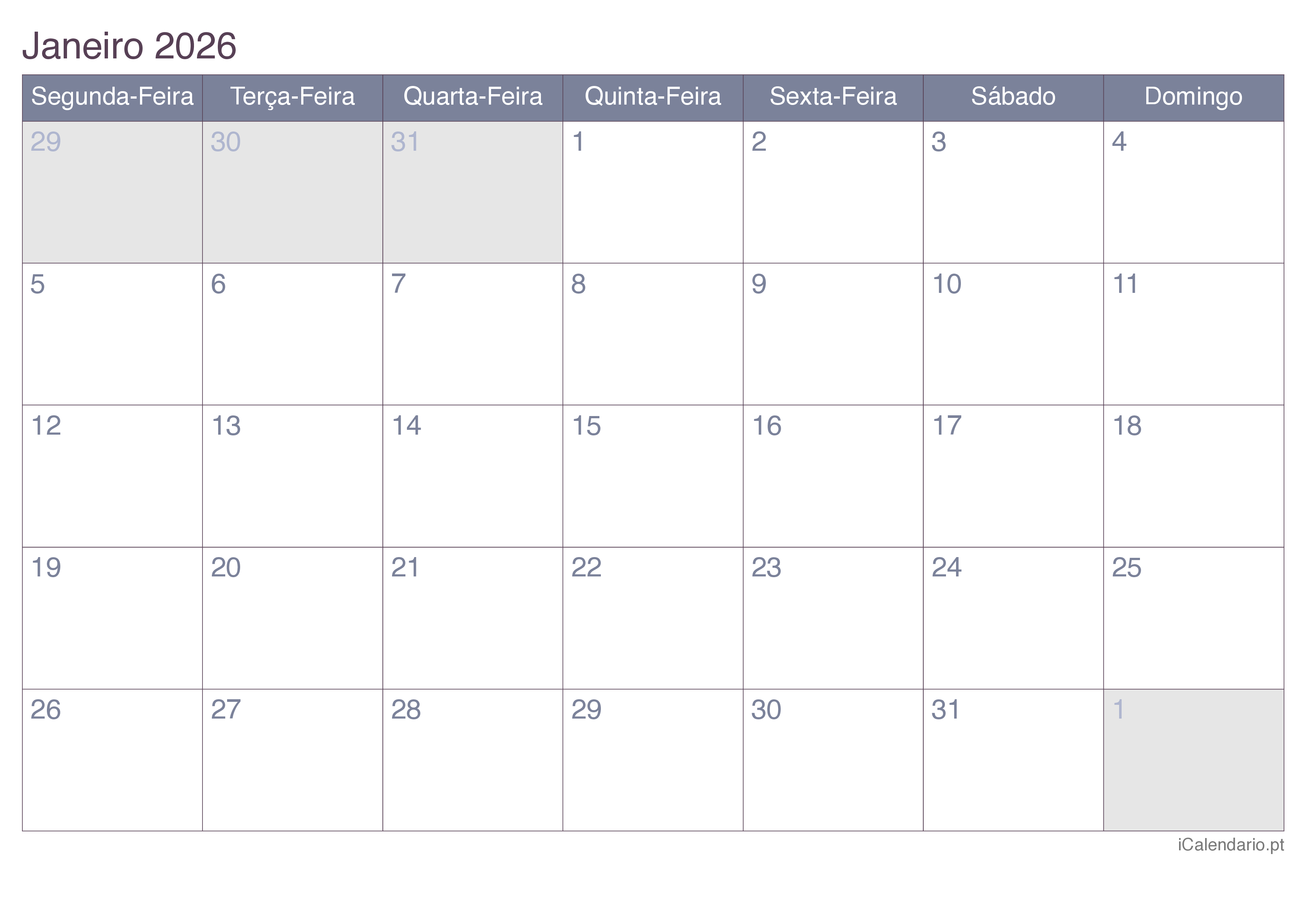 Calendário por mês 2026 - Office