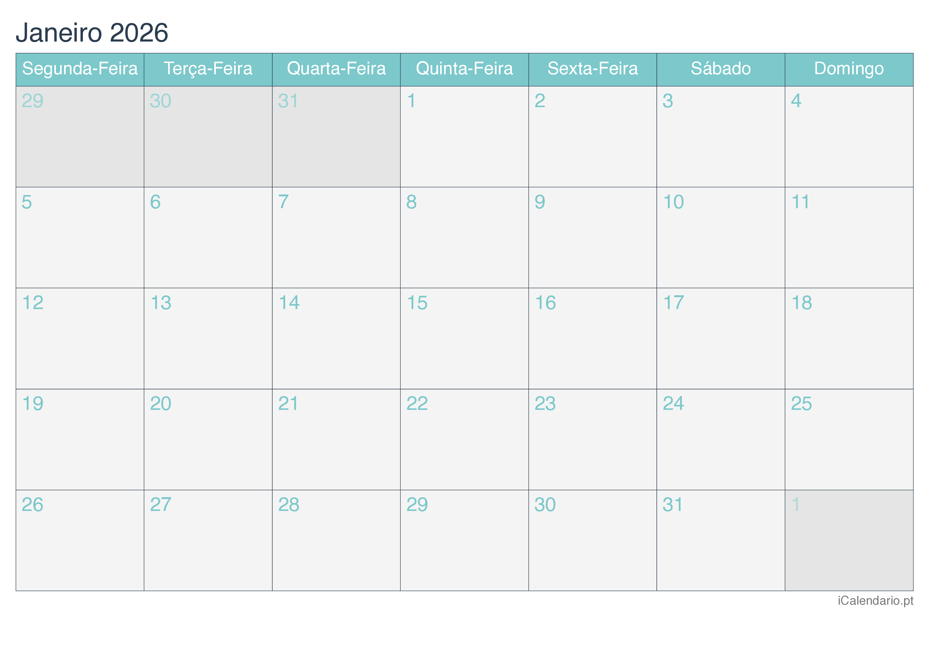 Calendário por mês 2026 - Turquesa