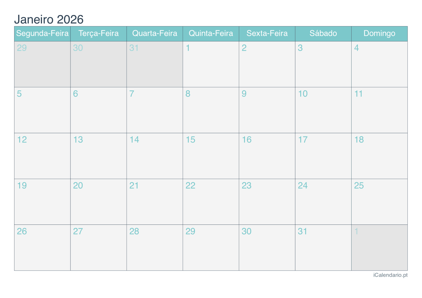 Calendário por mês 2026 - Turquesa