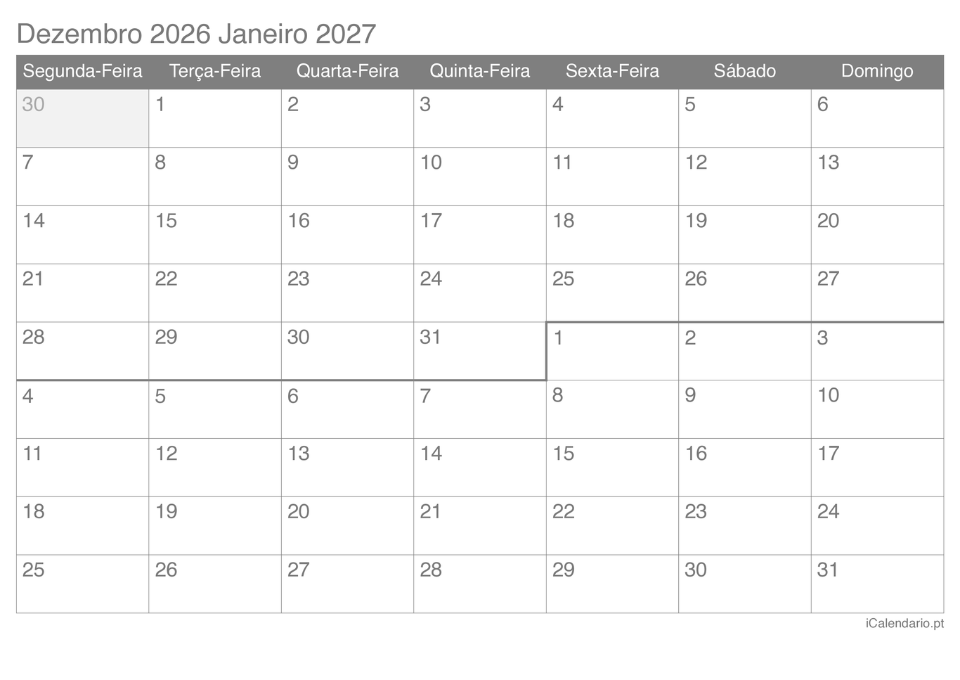 Calendário de dezembro janeiro 2026