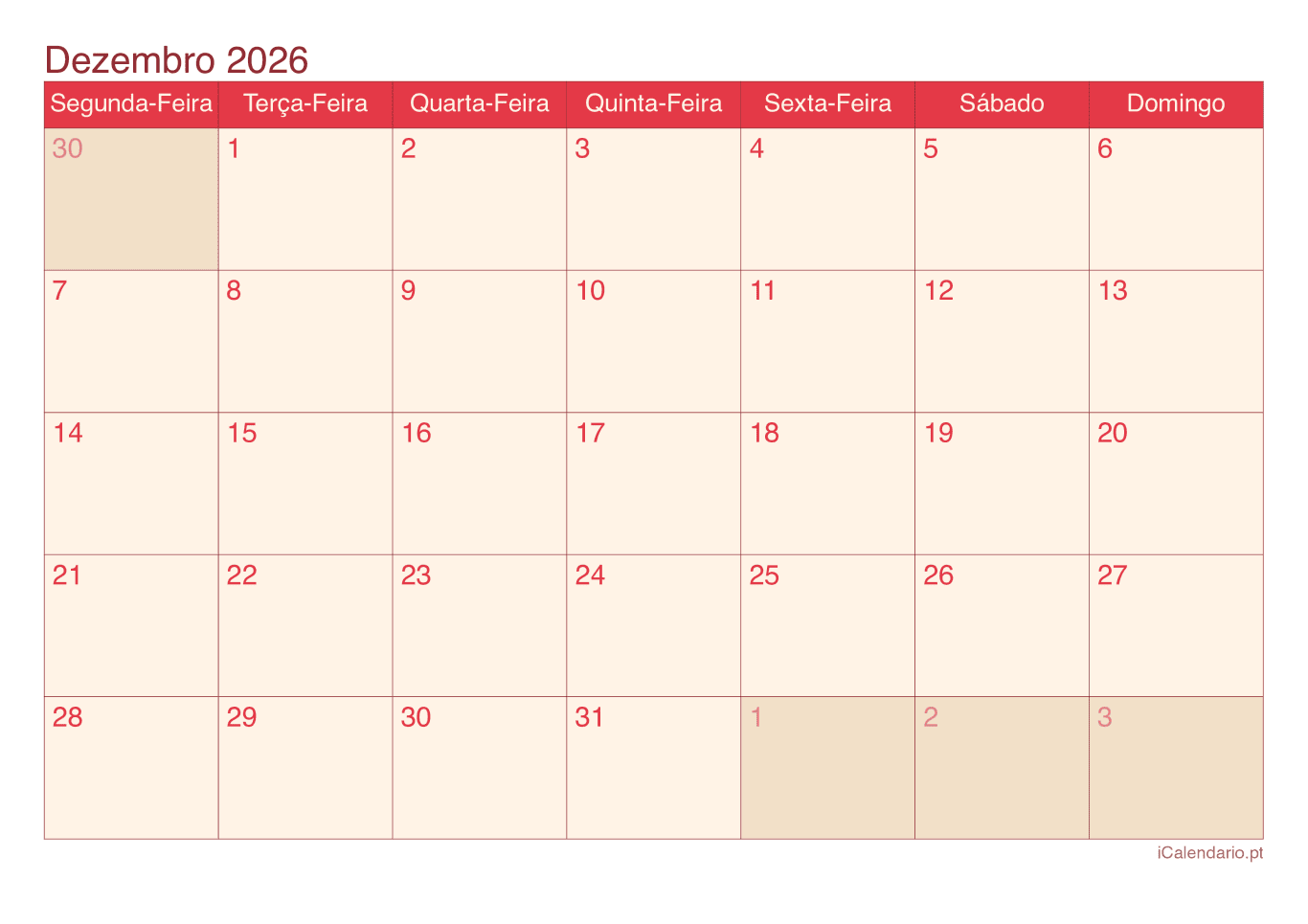 Calendário de dezembro 2026 - Cherry