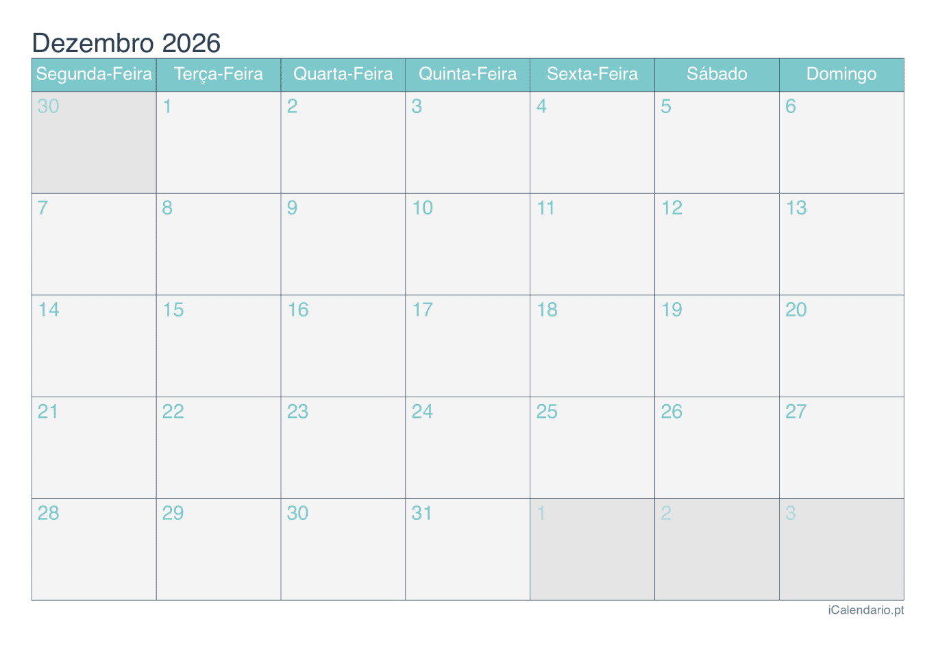 Calendário de dezembro 2026 - Turquesa