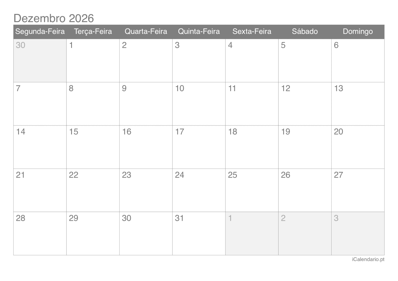 Calendário de dezembro 2026