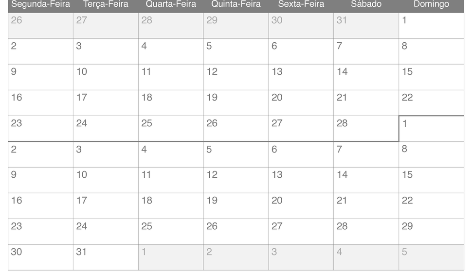 Calendário de fevereiro março 2026