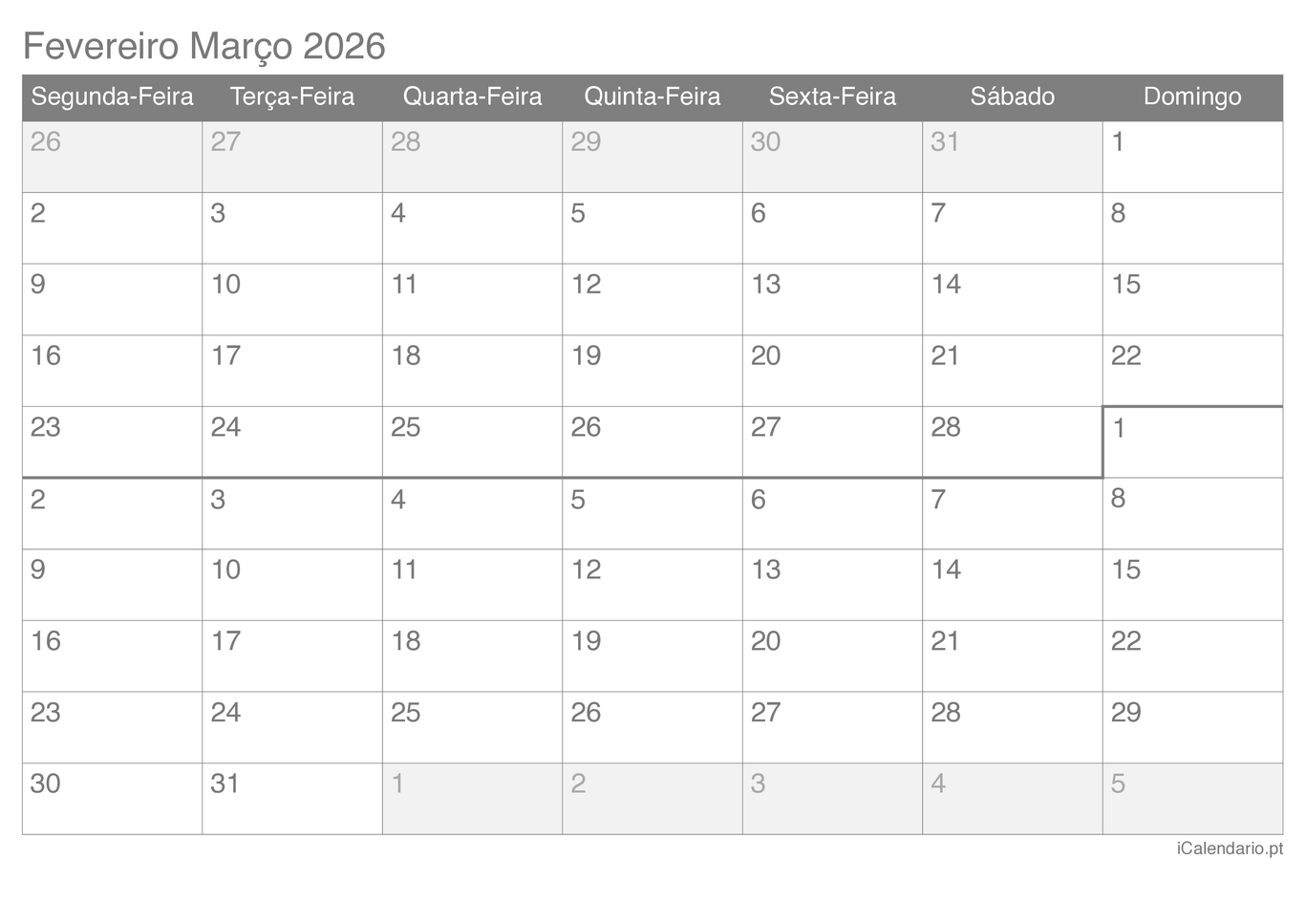 Calendário de fevereiro março 2026