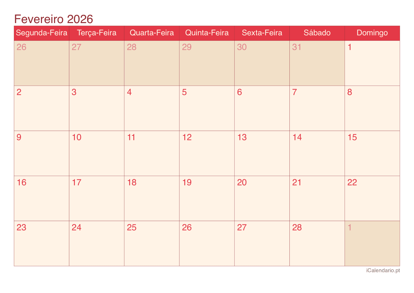 Calendário de fevereiro 2026 - Cherry