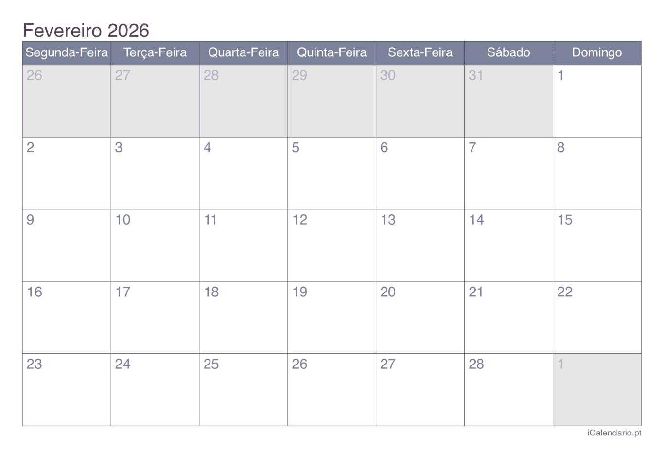 Calendário de fevereiro 2026 - Office