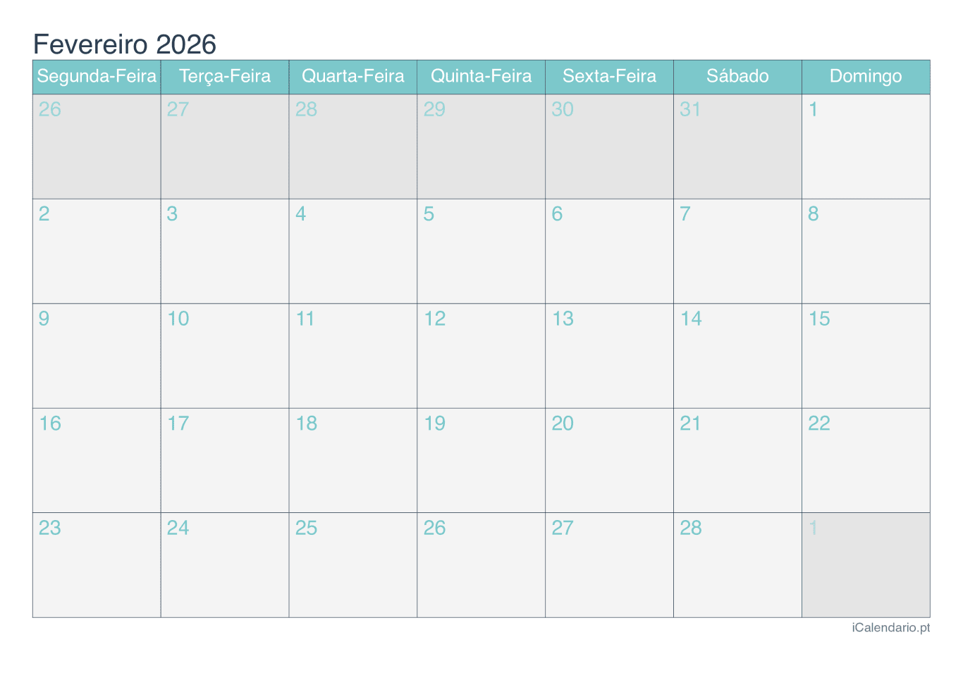 Calendário de fevereiro 2026 - Turquesa