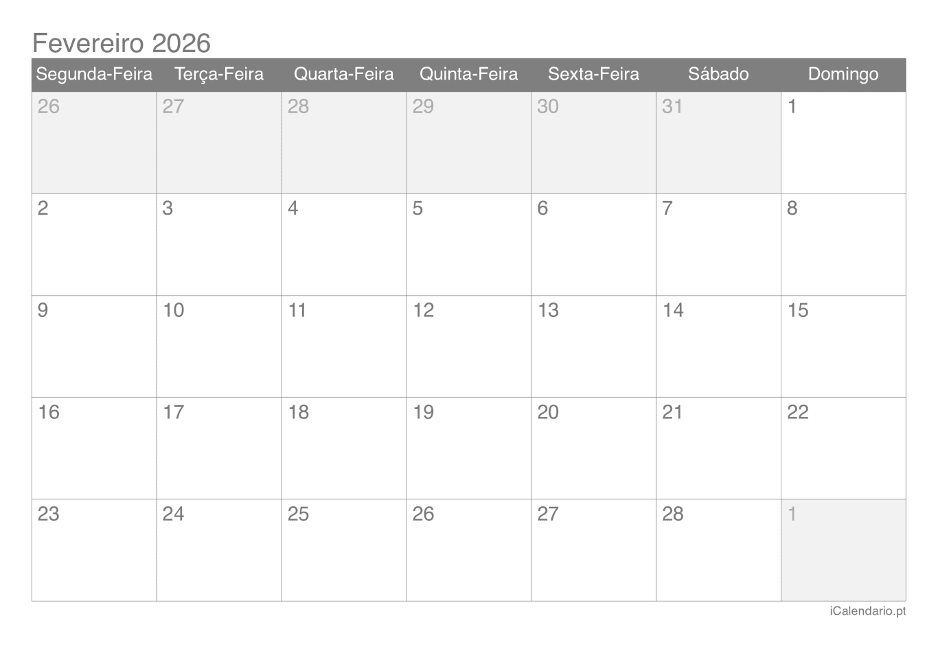 Calendário de fevereiro 2026