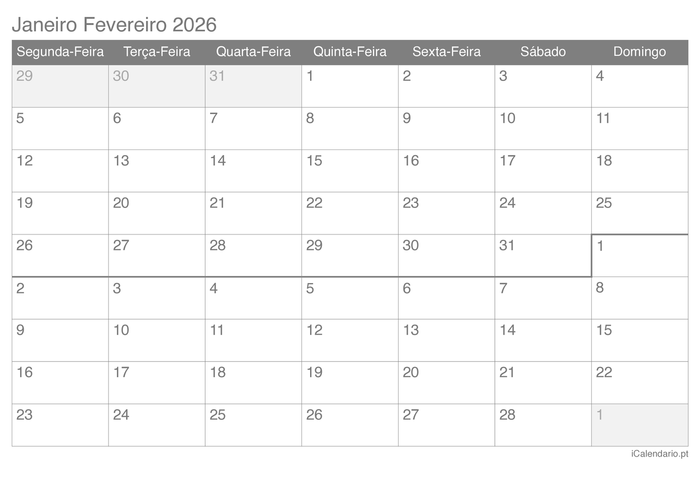 Calendário de janeiro fevereiro 2026