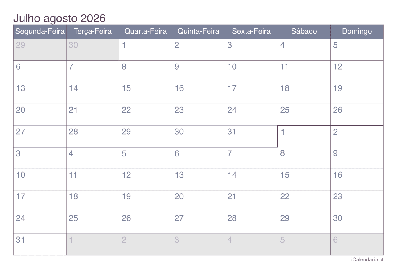 Calendário de julho agosto 2026 - Office