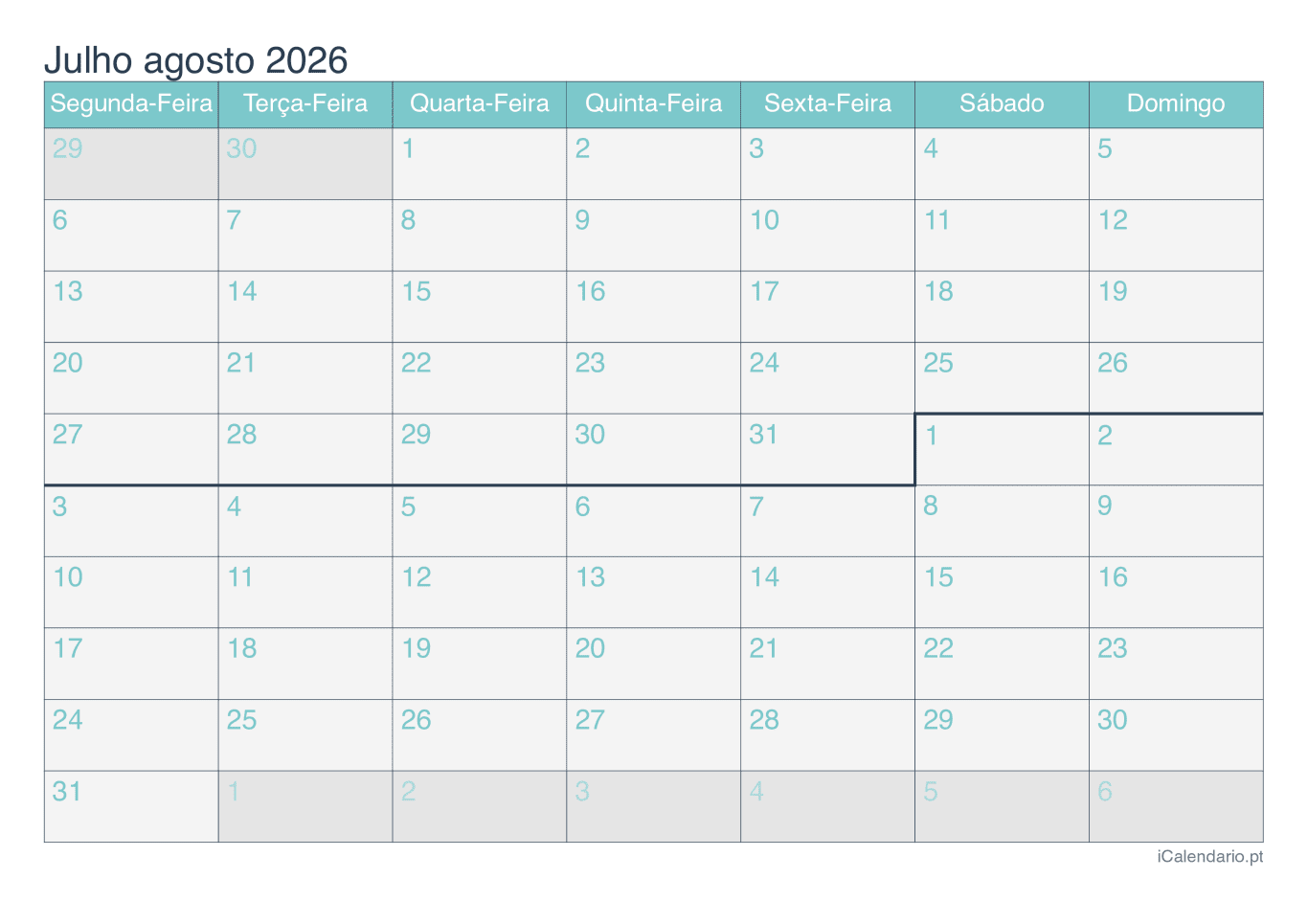 Calendário de julho agosto 2026 - Turquesa