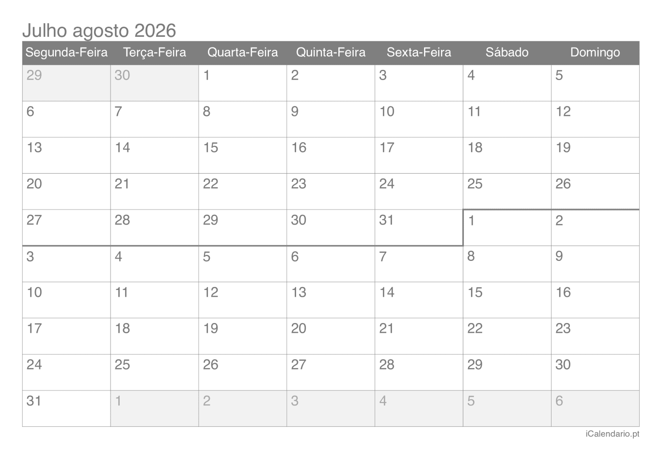 Calendário de julho agosto 2026