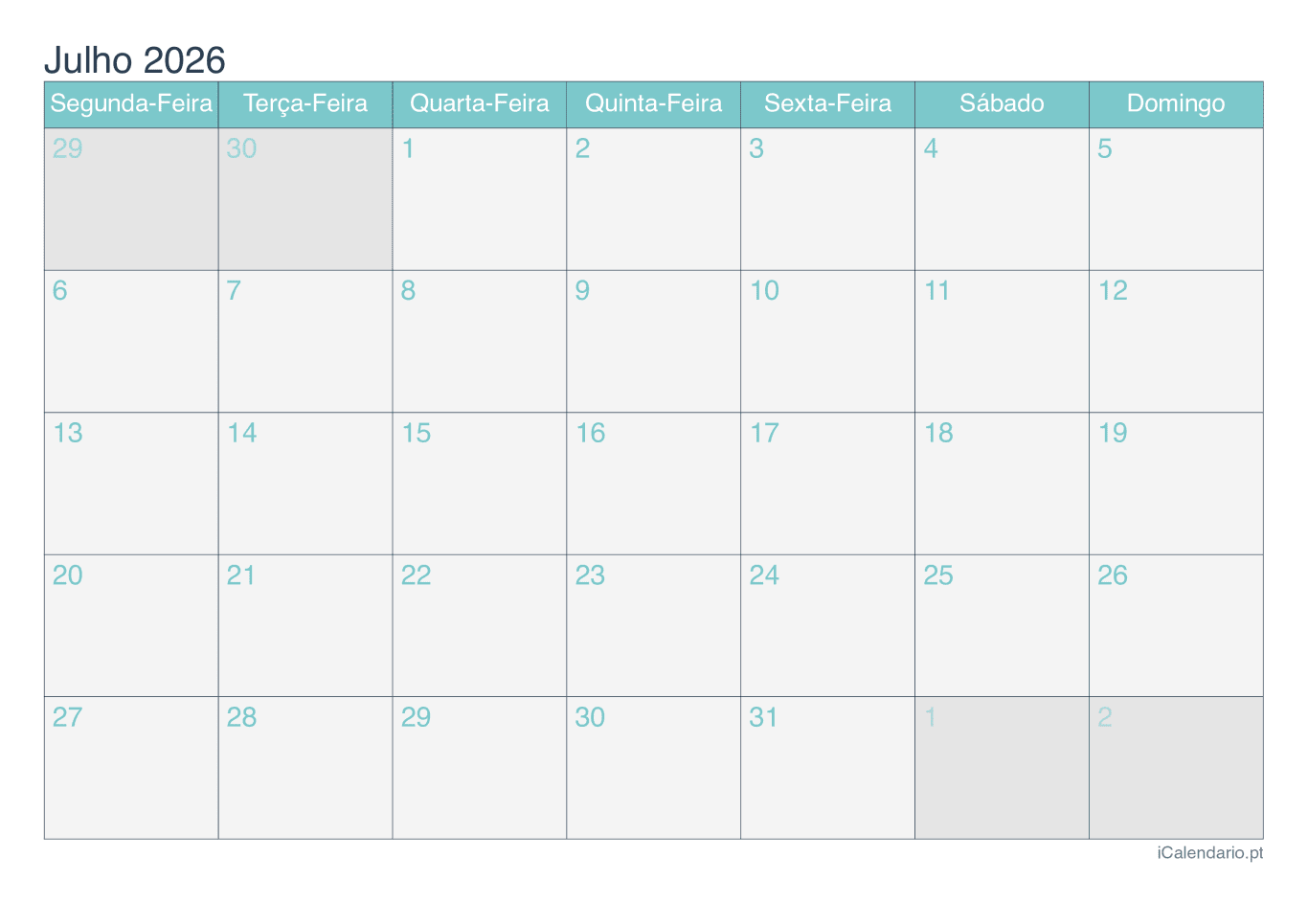 Calendário de julho 2026 - Turquesa