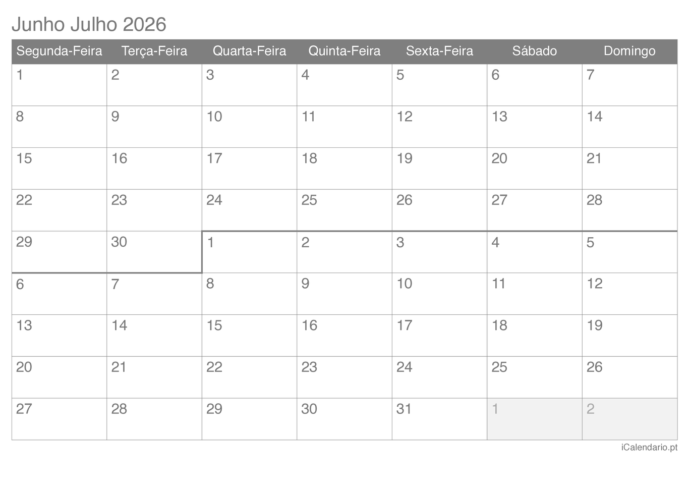 Calendário de junho julho 2026