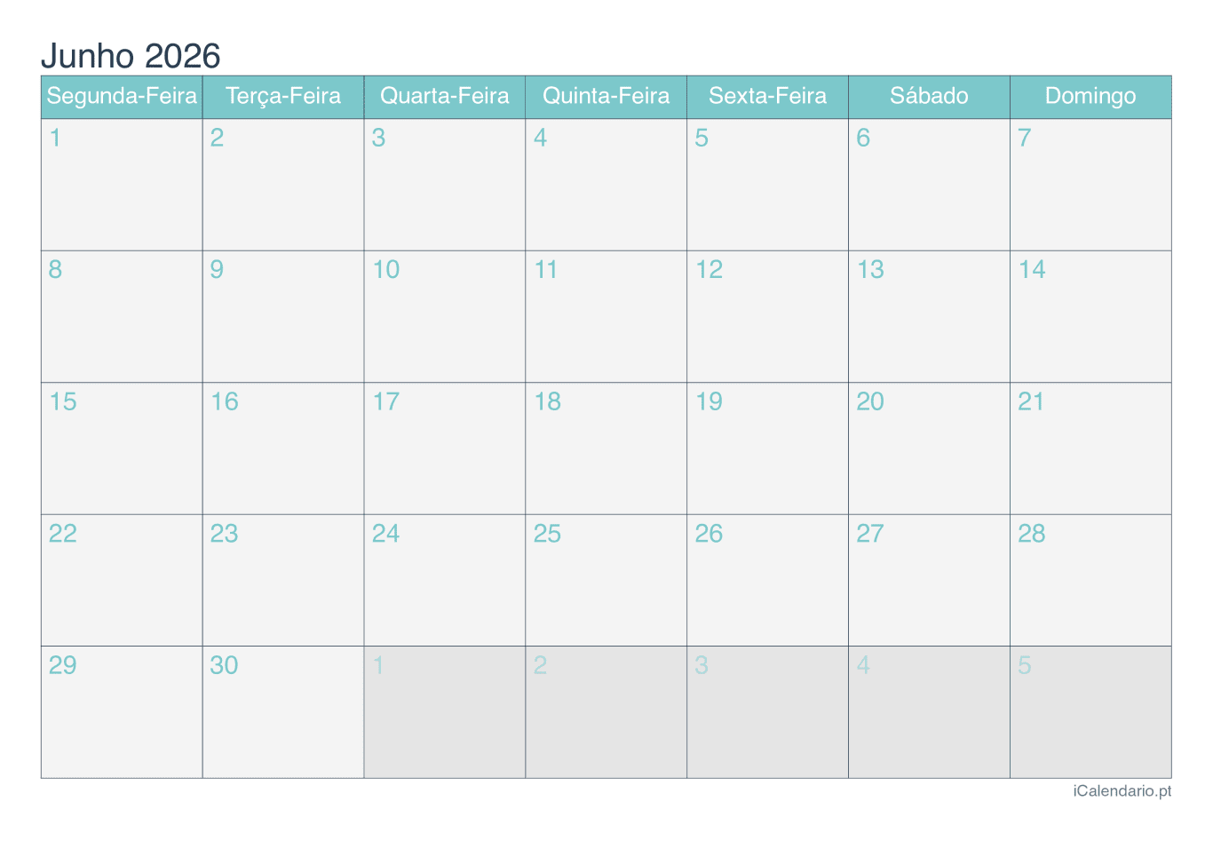 Calendário de junho 2026 - Turquesa