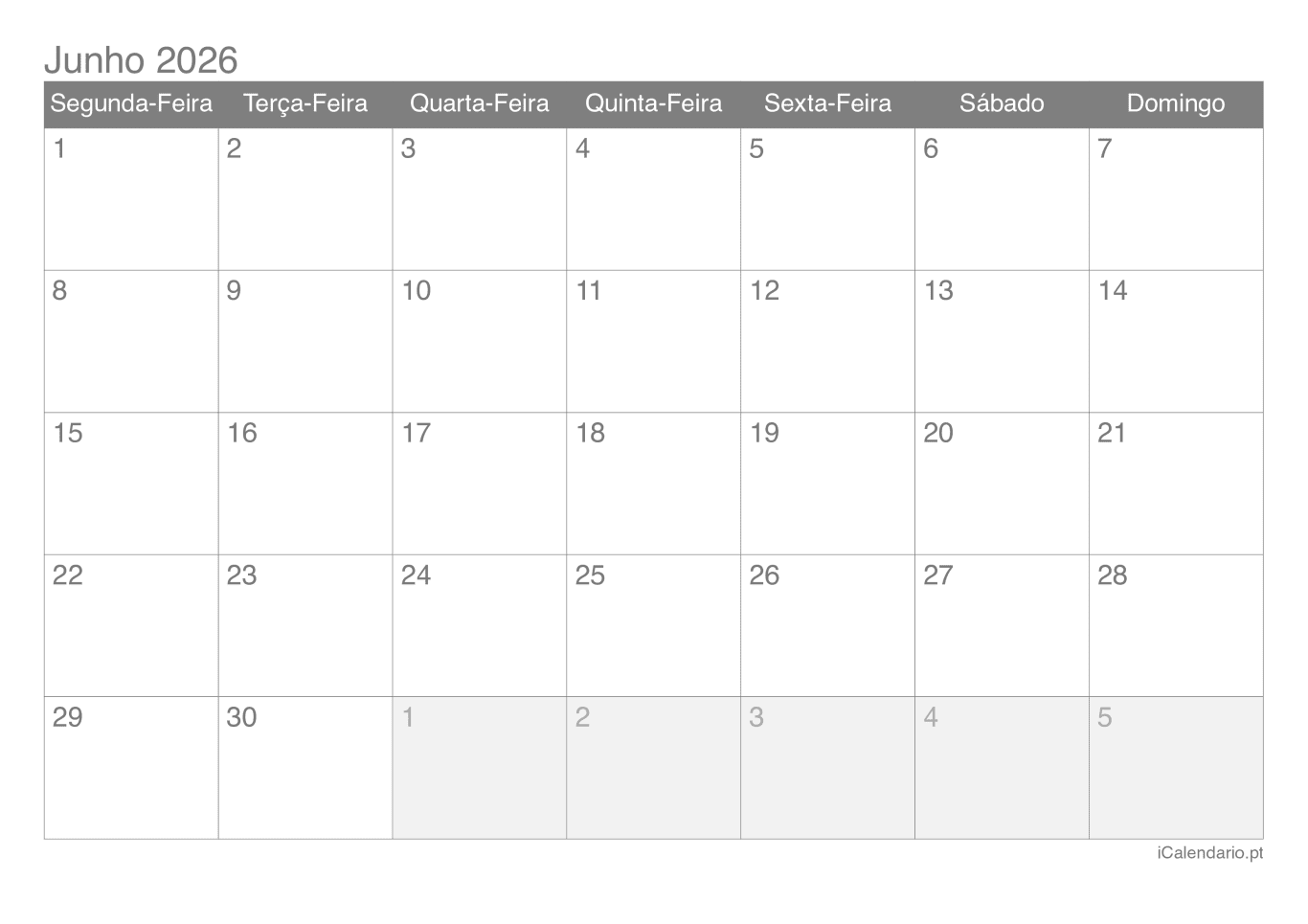 Calendário de junho 2026