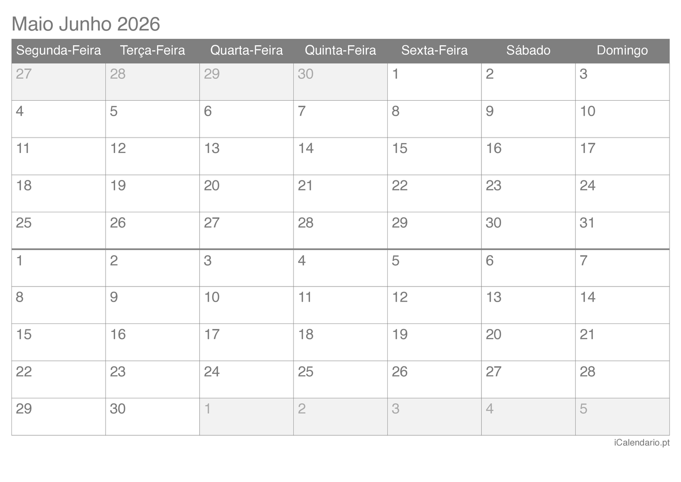 Calendário de maio junho 2026