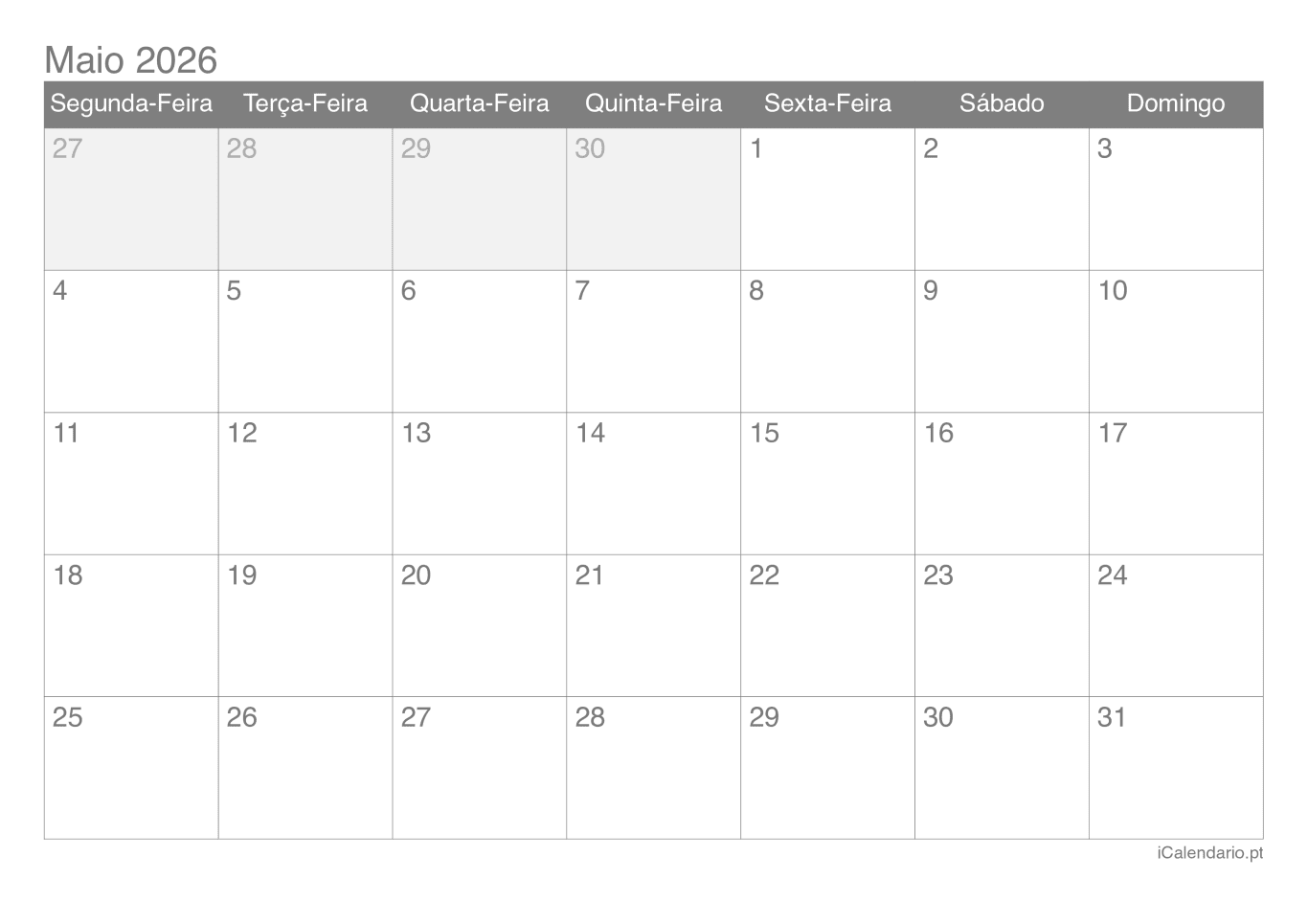 Calendário de maio 2026