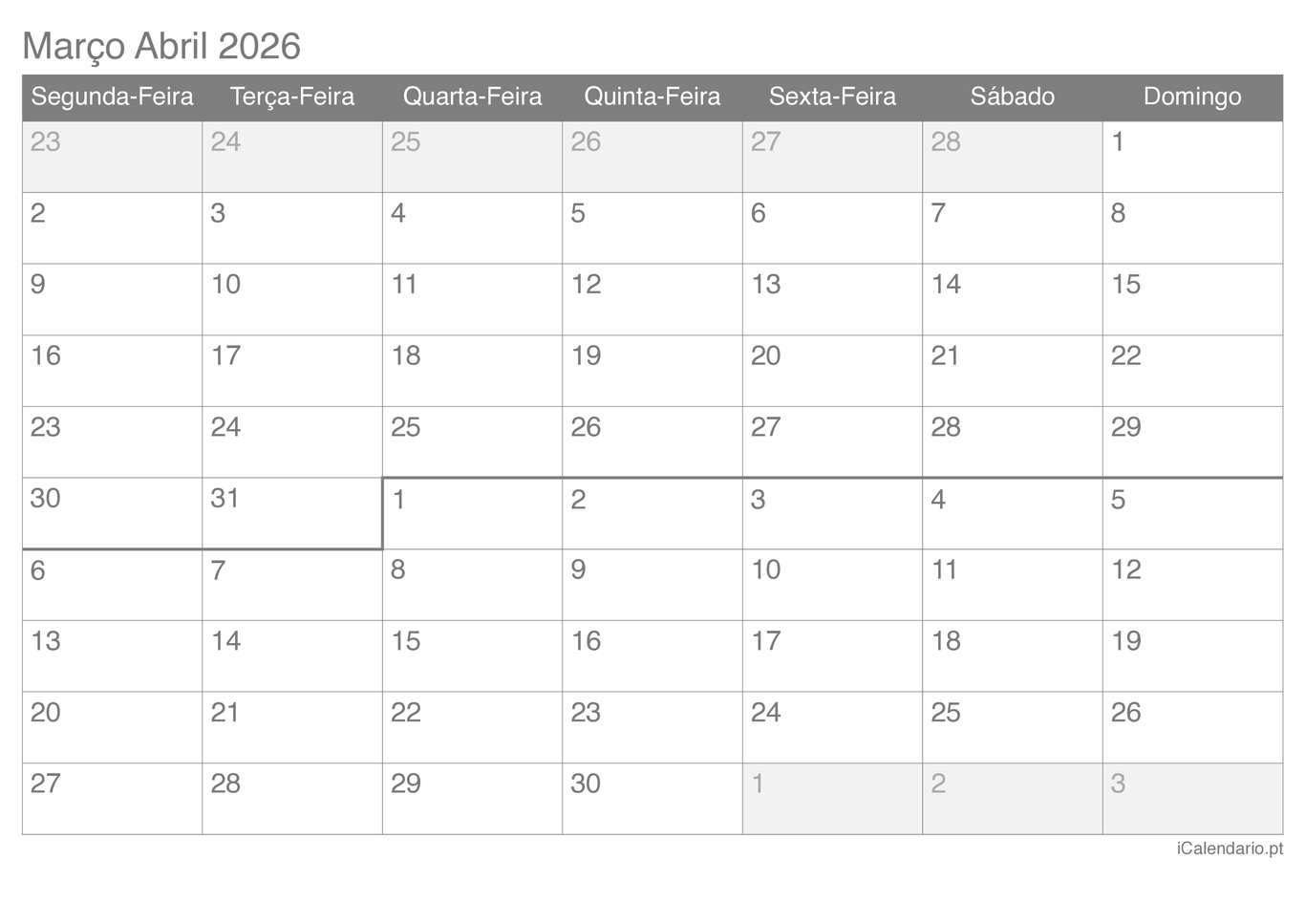 Calendário de março abril 2026