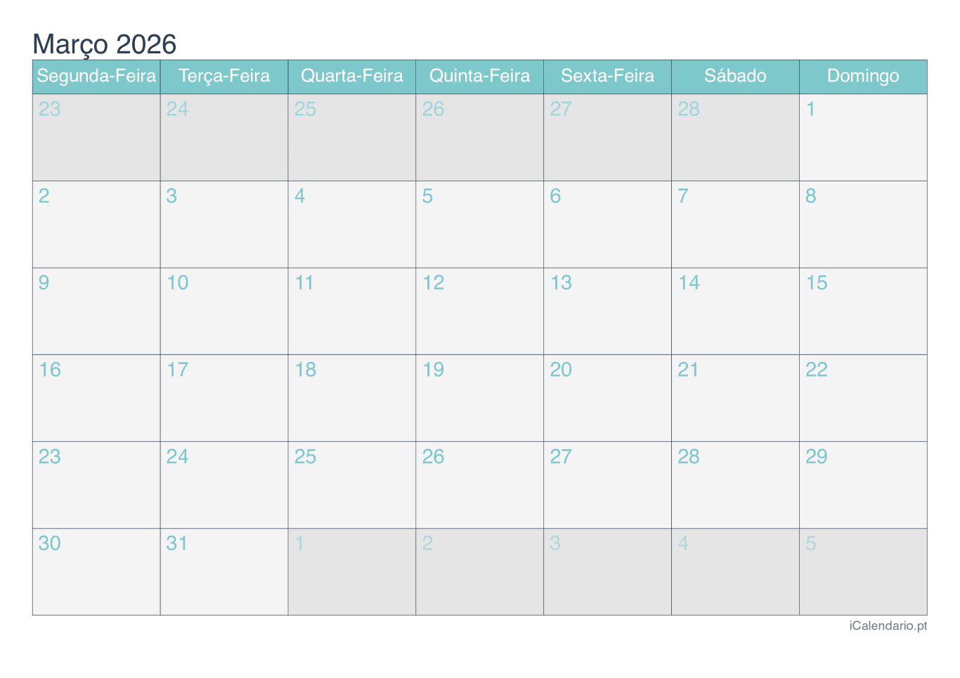 Calendário de março 2026 - Turquesa