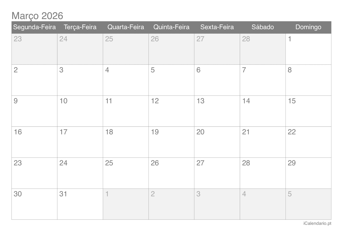 Calendário de março 2026