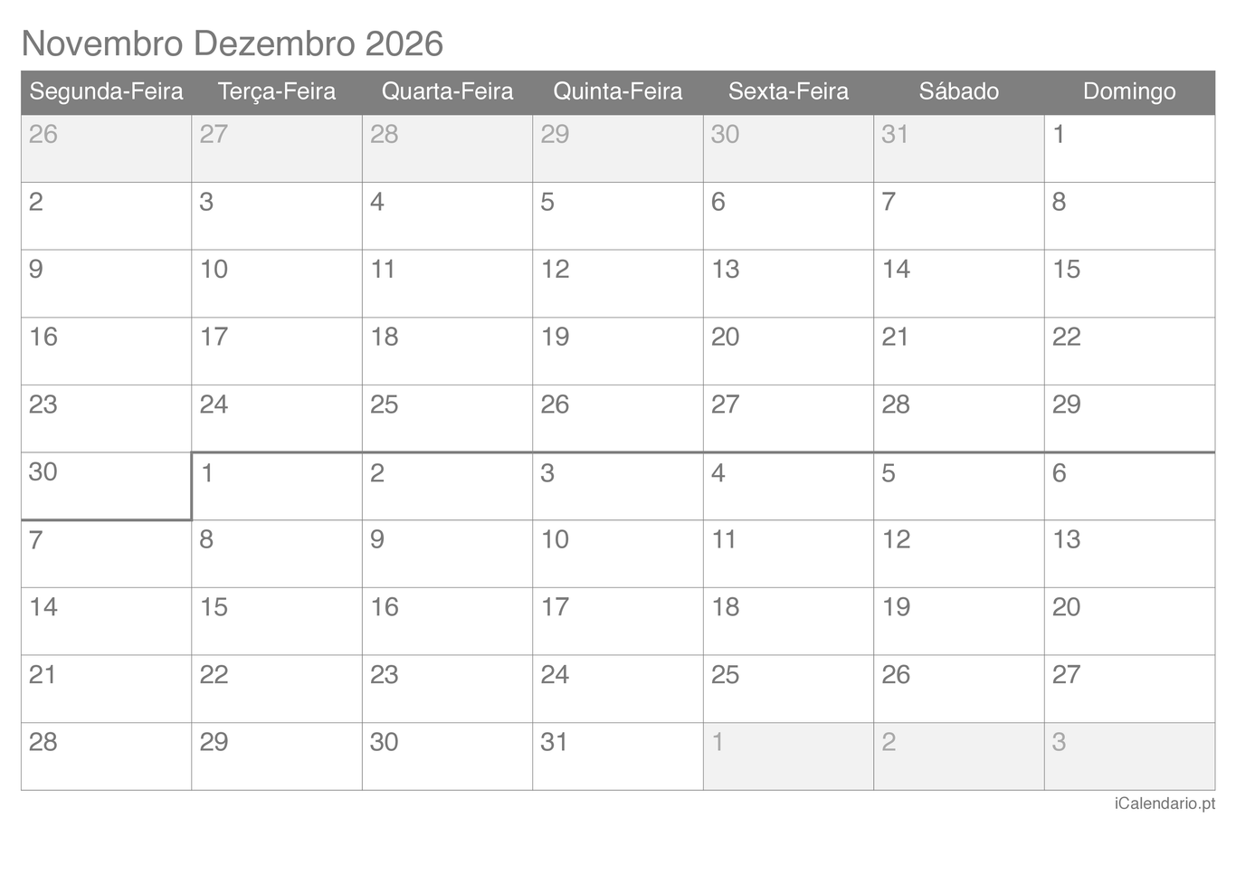 Calendário de novembro dezembro 2026