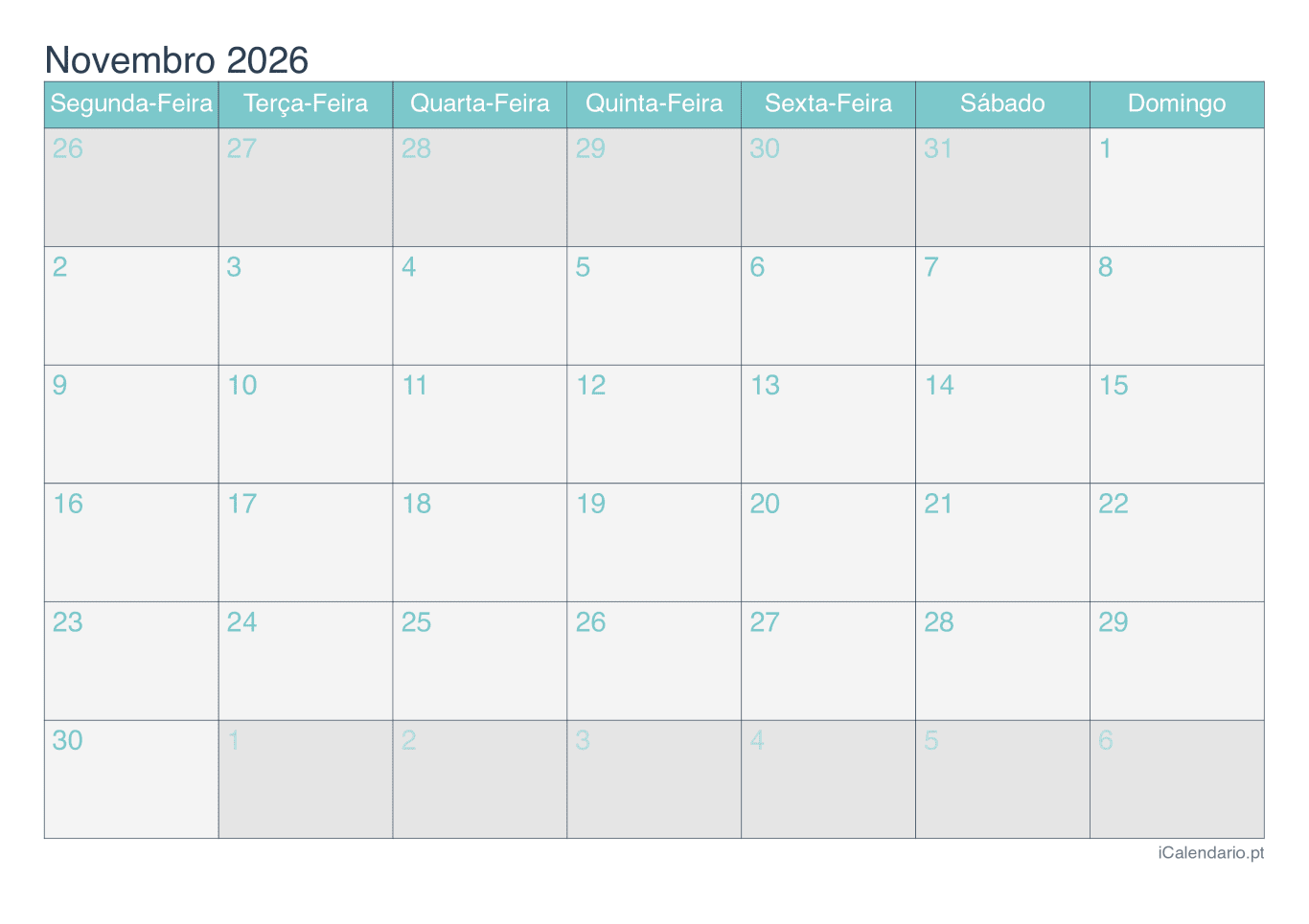 Calendário de novembro 2026 - Turquesa