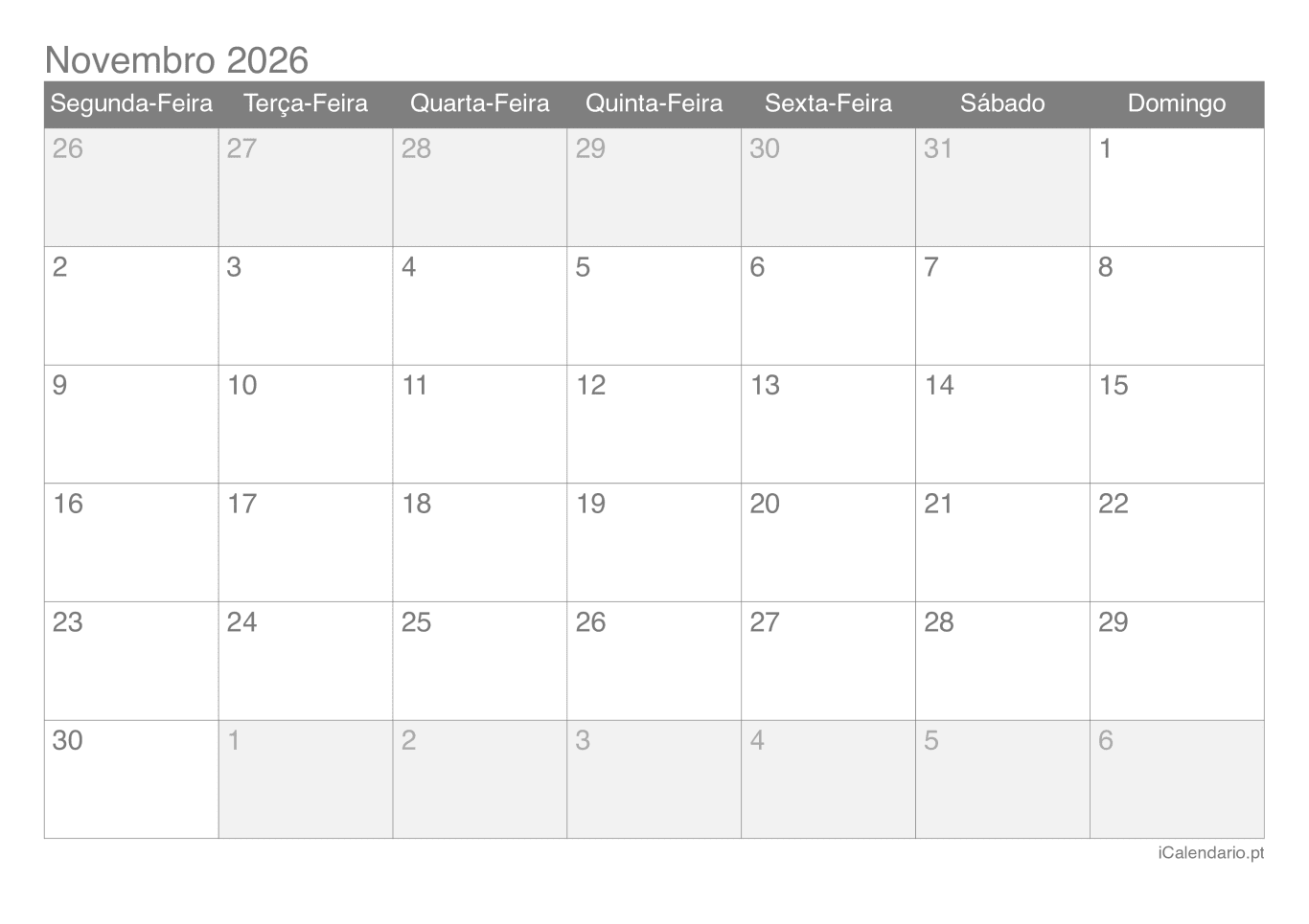 Calendário de novembro 2026