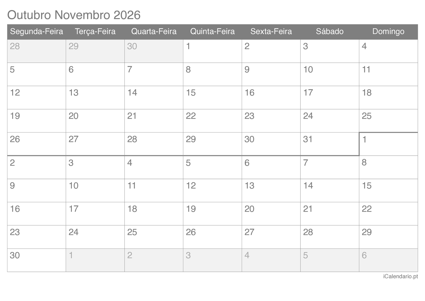 Calendário de outubro novembro 2026