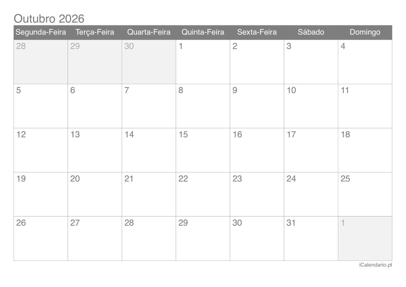 Calendário d'outubro 2026