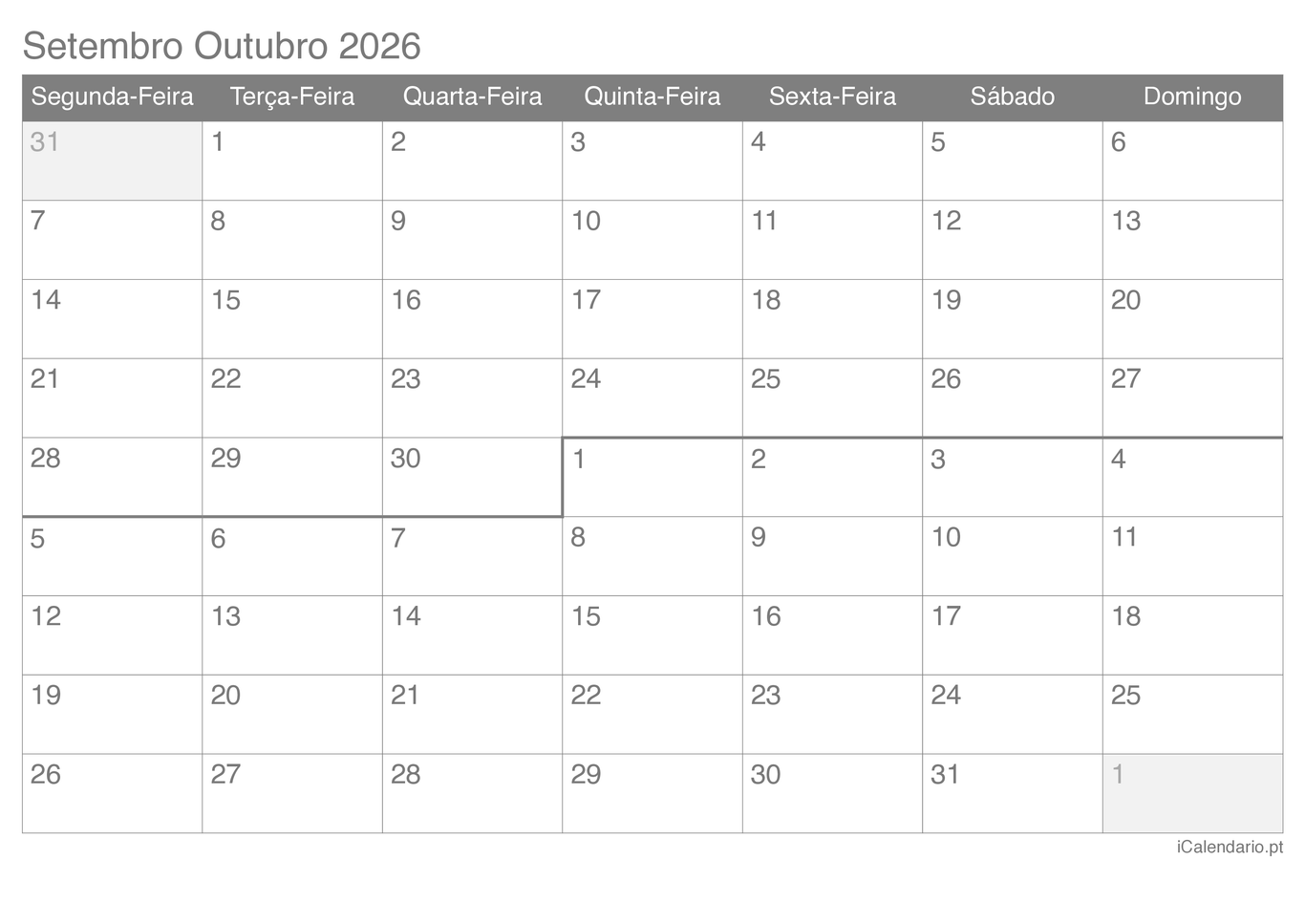 Calendário de setembro outubro 2026
