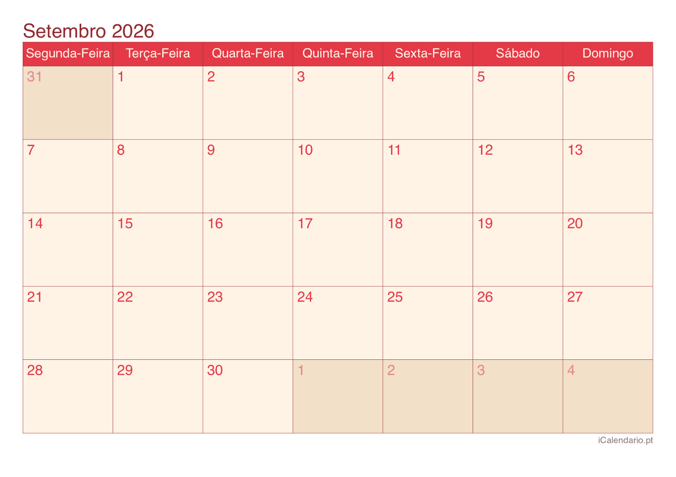 Calendário de setembro 2026 - Cherry