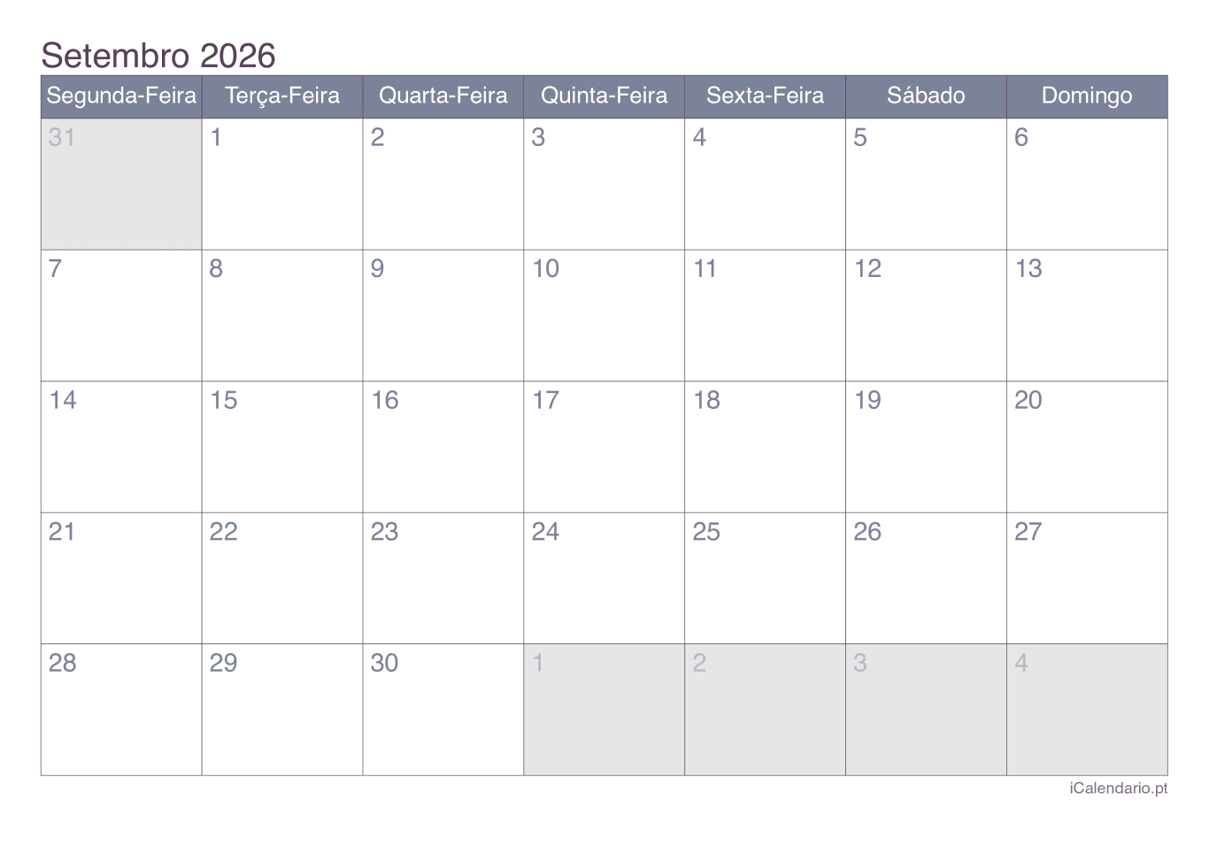 Calendário de setembro 2026 - Office