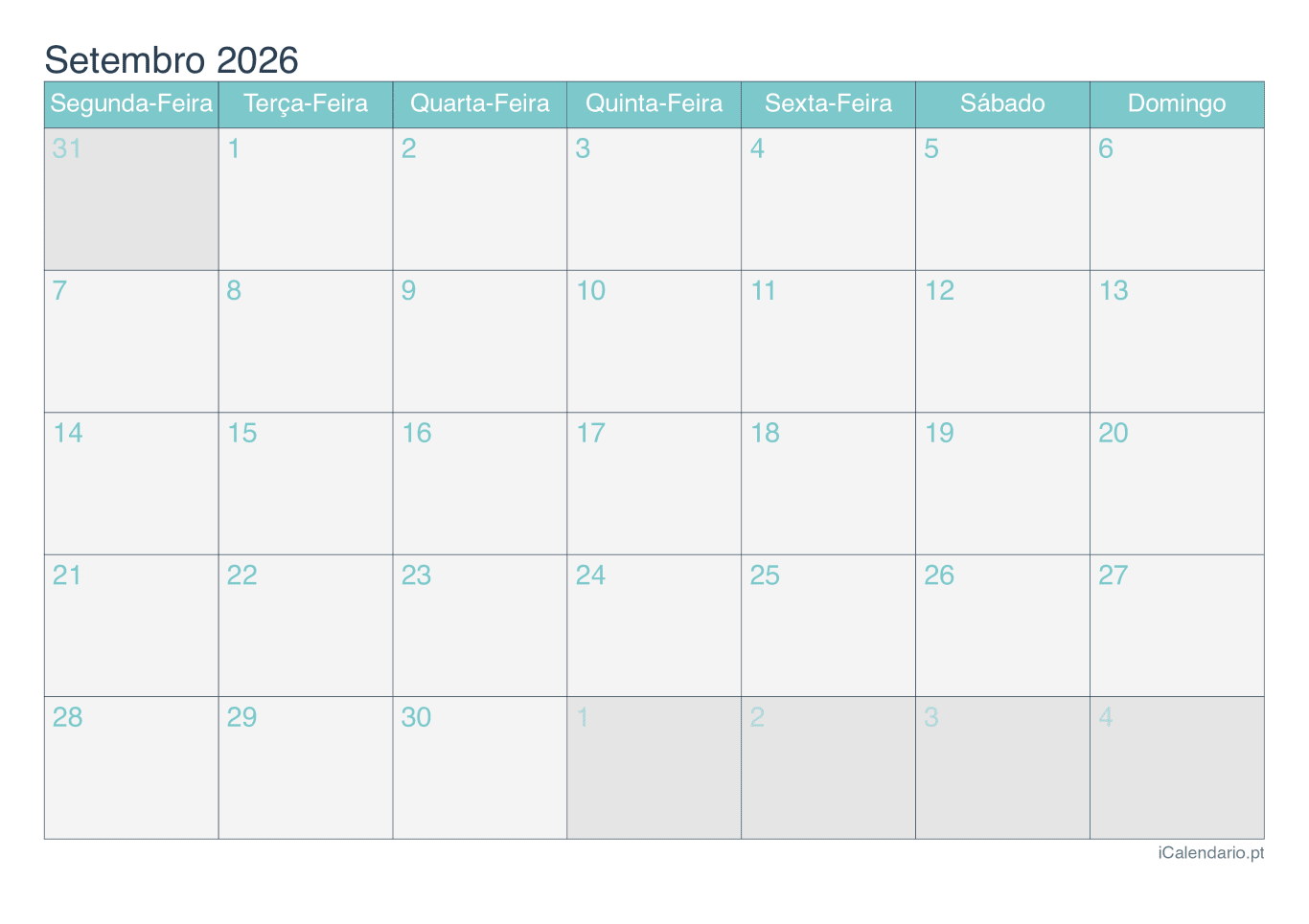 Calendário de setembro 2026 - Turquesa