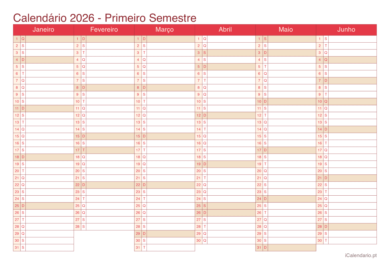 Calendário por semestre 2026 - Cherry