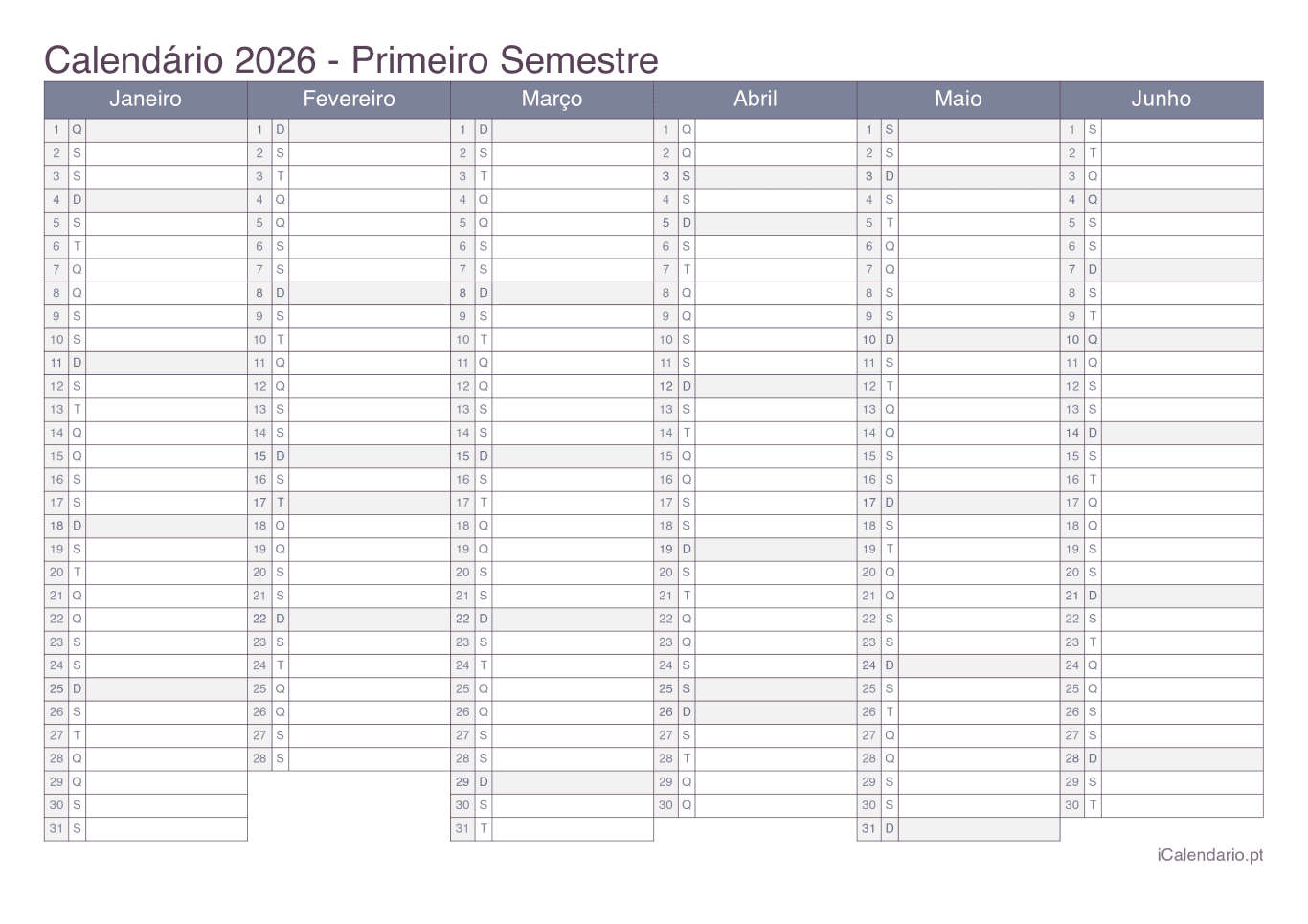 Calendário por semestre 2026 - Office