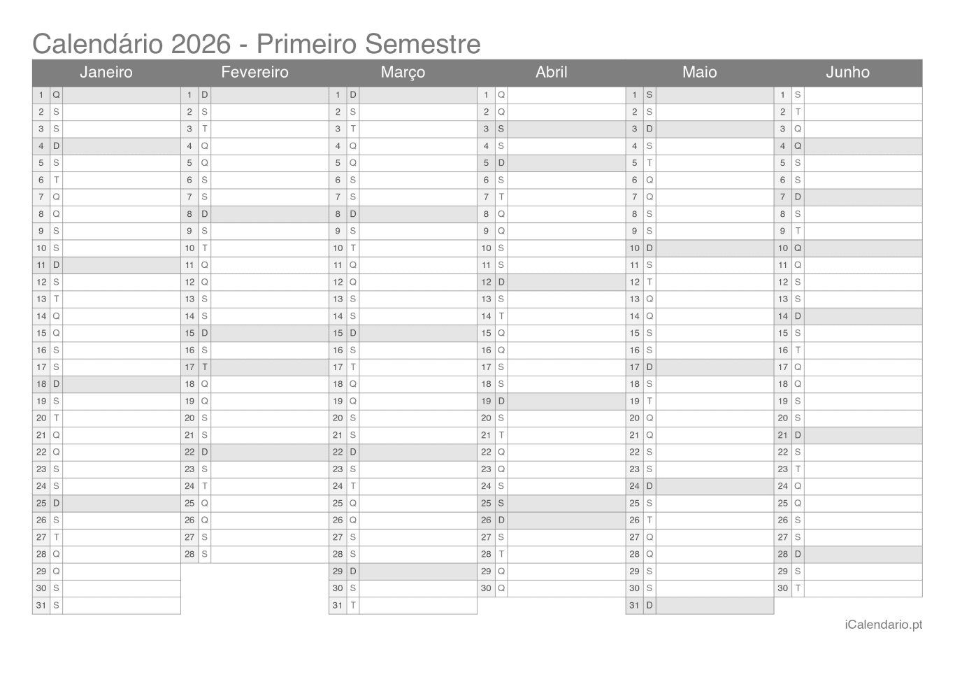 Calendário por semestre 2026