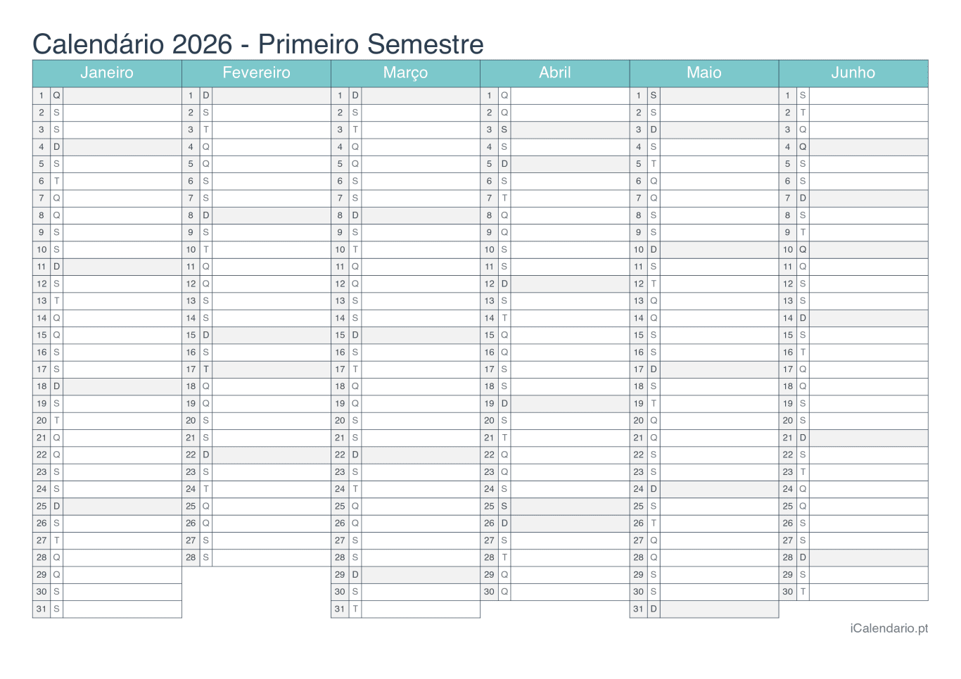 Calendário por semestre 2026 - Turquesa